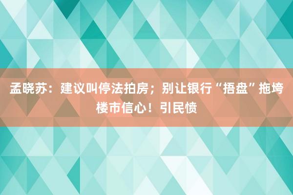 孟晓苏：建议叫停法拍房；别让银行“捂盘”拖垮楼市信心！引民愤