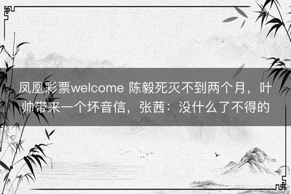 凤凰彩票welcome 陈毅死灭不到两个月，叶帅带来一个坏音信，张茜：没什么了不得的